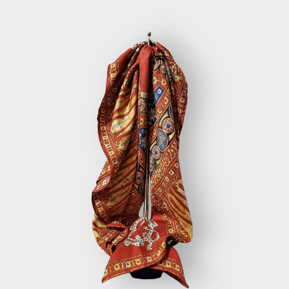 DIOR Vintage Red, Gold & Blue Silk Scarf - Intricate Hand Rolled Edges 90 Square
